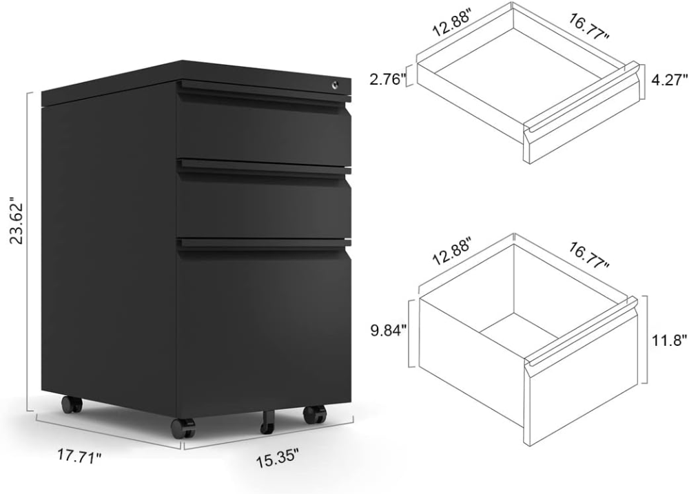 Archivador de metal con bloqueo para debajo del escritorio, gabinete de almacenamiento de archivos móvil negro con 3 cajones con rueda para oficina en casa, tamaño legal/carta ...VALORADO - Imagen 4