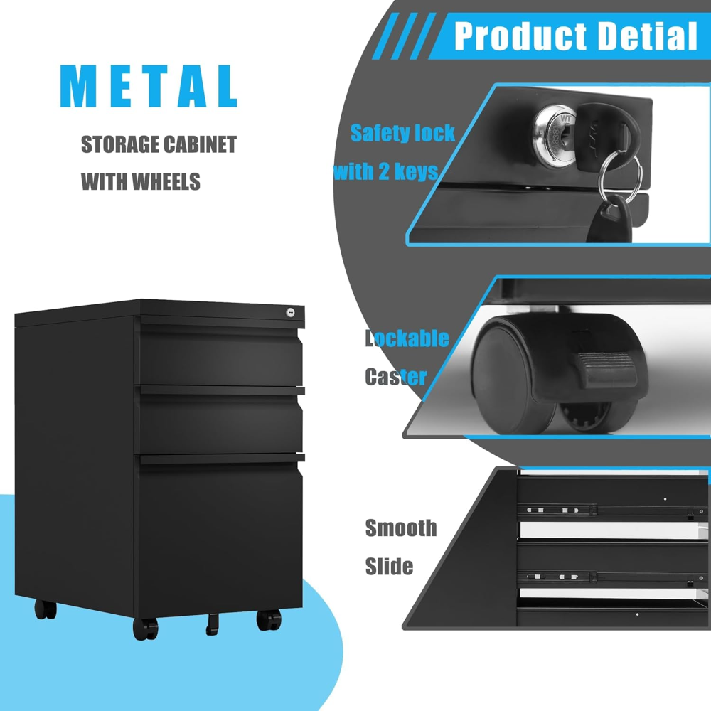 Archivador de metal con bloqueo para debajo del escritorio, gabinete de almacenamiento de archivos móvil negro con 3 cajones con rueda para oficina en casa, tamaño legal/carta ...VALORADO - Imagen 5