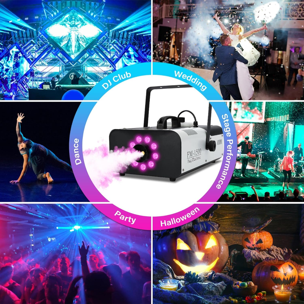TCFUNDY Máquina de niebla con luces, máquina de humo de 1500 W, RGB 9 luces LED para DJ, Halloween, boda, fiesta, escenario con control remoto - Imagen 2