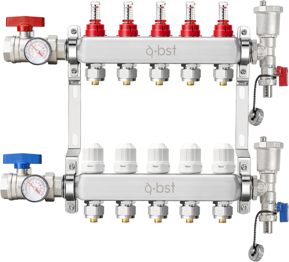 ABST PEX - Colector de calor de acero inoxidable de 5 ramas con adaptadores de 1/2 pulgada incluidos para calefacción radiante hidrónico