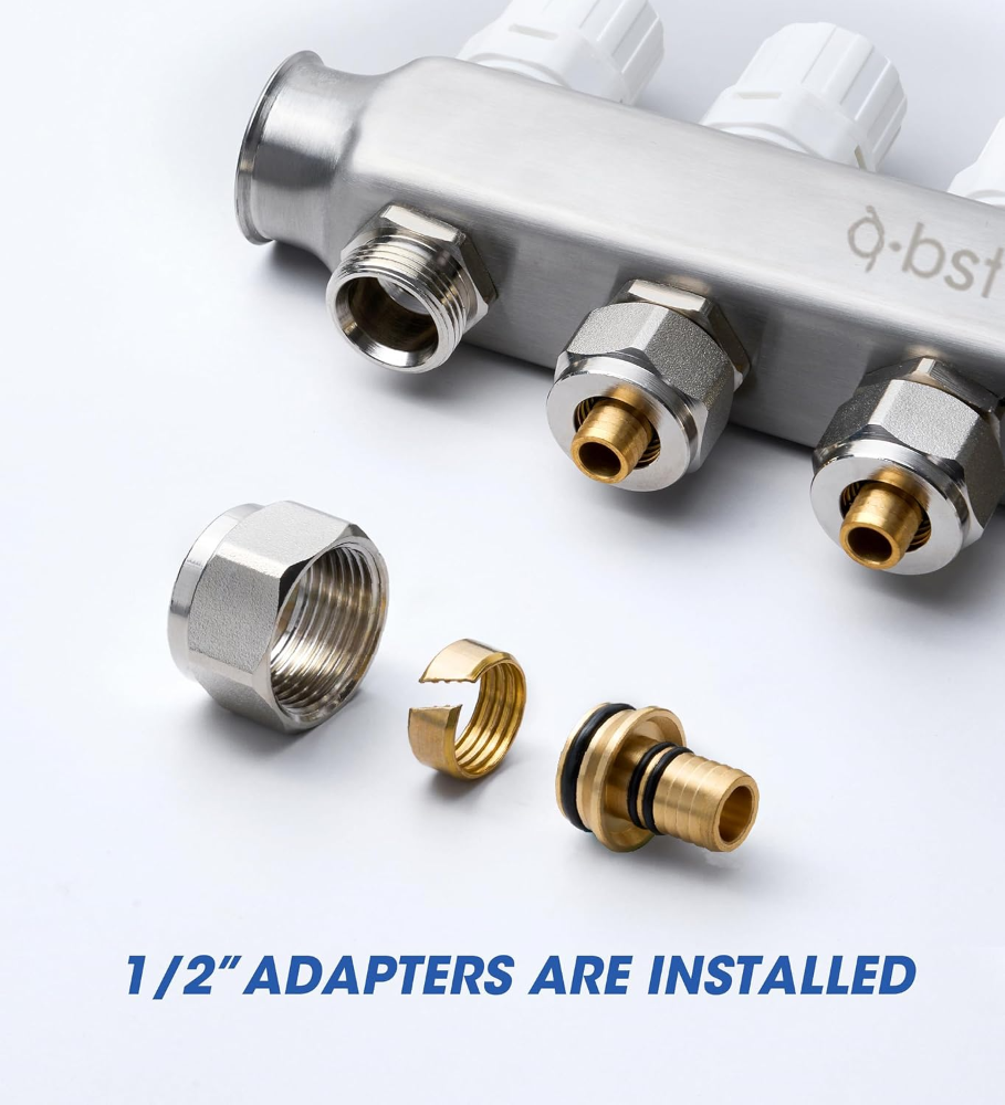 ABST PEX - Colector de calor de acero inoxidable de 5 ramas con adaptadores de 1/2 pulgada incluidos para calefacción radiante hidrónico - Imagen 2