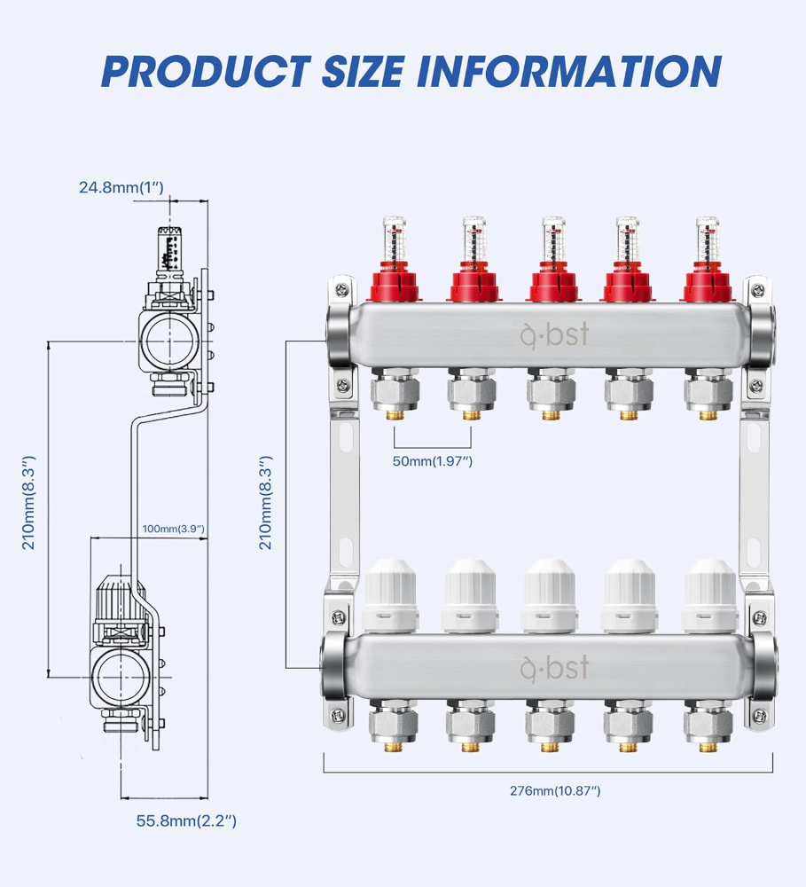 ABST PEX - Colector de calor de acero inoxidable de 5 ramas con adaptadores de 1/2 pulgada incluidos para calefacción radiante hidrónico - Imagen 4