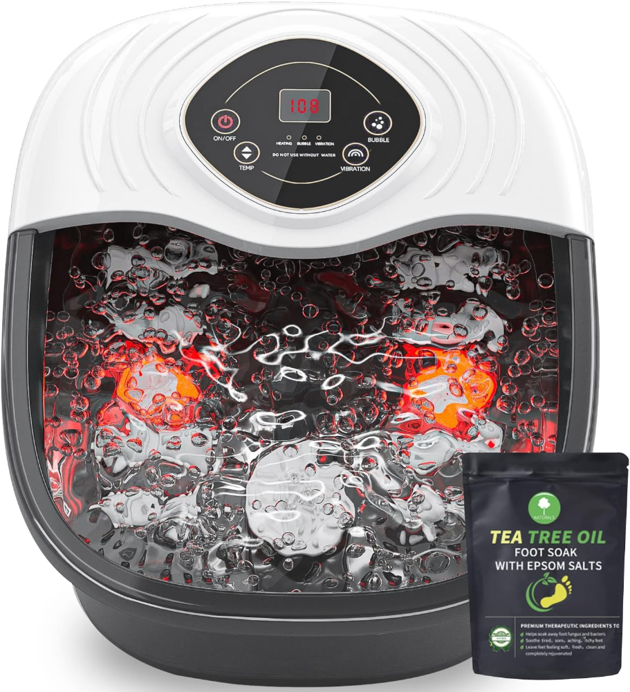 Spa de pies, masajeador de baño de pies con aceite de árbol de té, remojo de pies con sal de Epsom, con calor, burbujas y vibración, luz roja, caja de medicina, control digital de