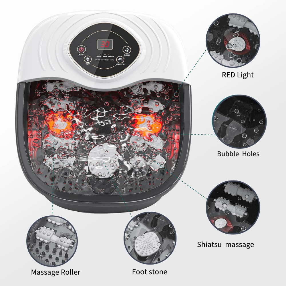 Spa de pies, masajeador de baño de pies con aceite de árbol de té, remojo de pies con sal de Epsom, con calor, burbujas y vibración, luz roja, caja de medicina, control digital de - Imagen 3