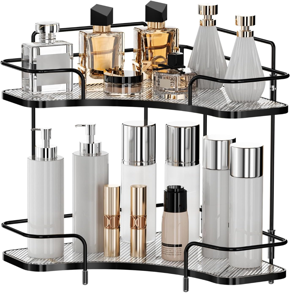 Organizador de esquina de 2 niveles para encimera de baño, organizador cosmético para el cuidado de la piel, bandeja de perfume para encimera de baño, organizador de tocador, estante de almacenamiento