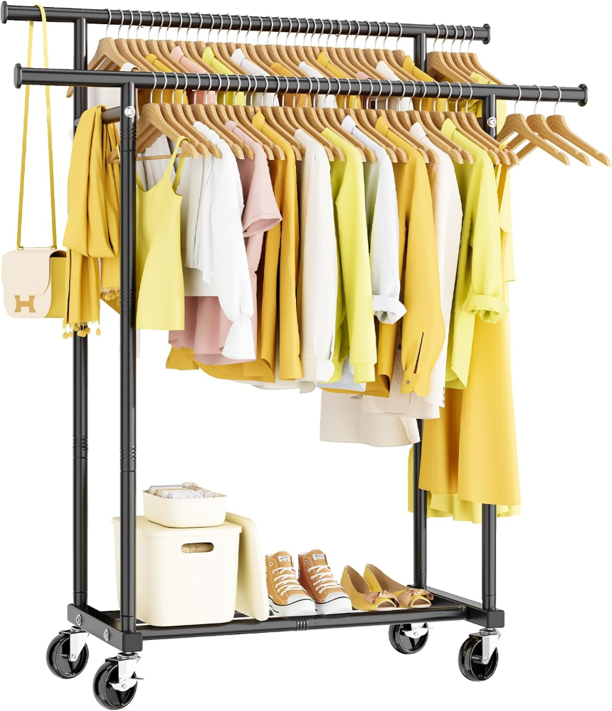 Perchero de doble barra para colgar ropa portátil, perchero de metal resistente para dormitorio, lavandería, sala de estar, color negro