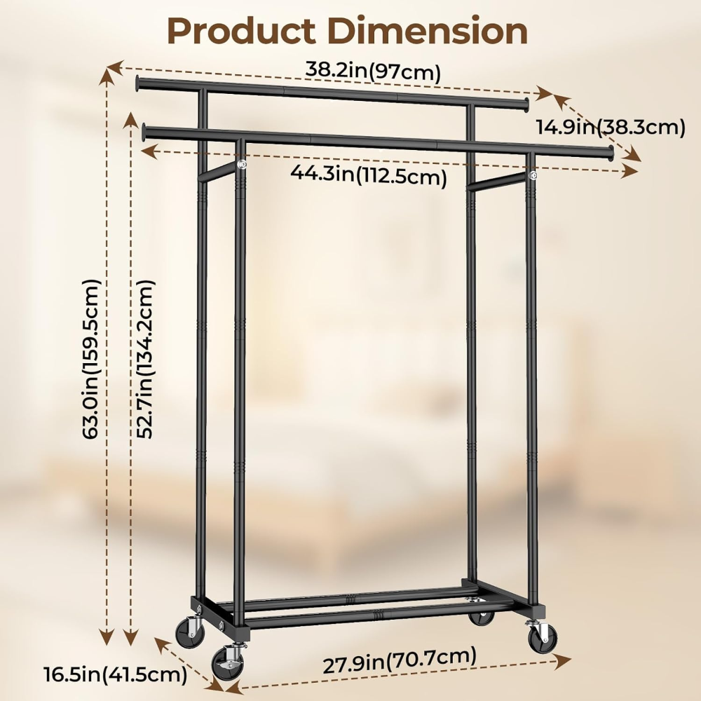 Perchero de doble barra para colgar ropa portátil, perchero de metal resistente para dormitorio, lavandería, sala de estar, color negro - Imagen 2