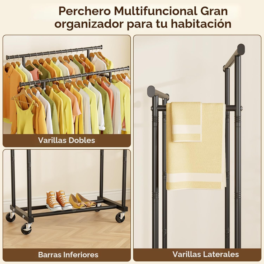 Perchero de doble barra para colgar ropa portátil, perchero de metal resistente para dormitorio, lavandería, sala de estar, color negro - Imagen 4
