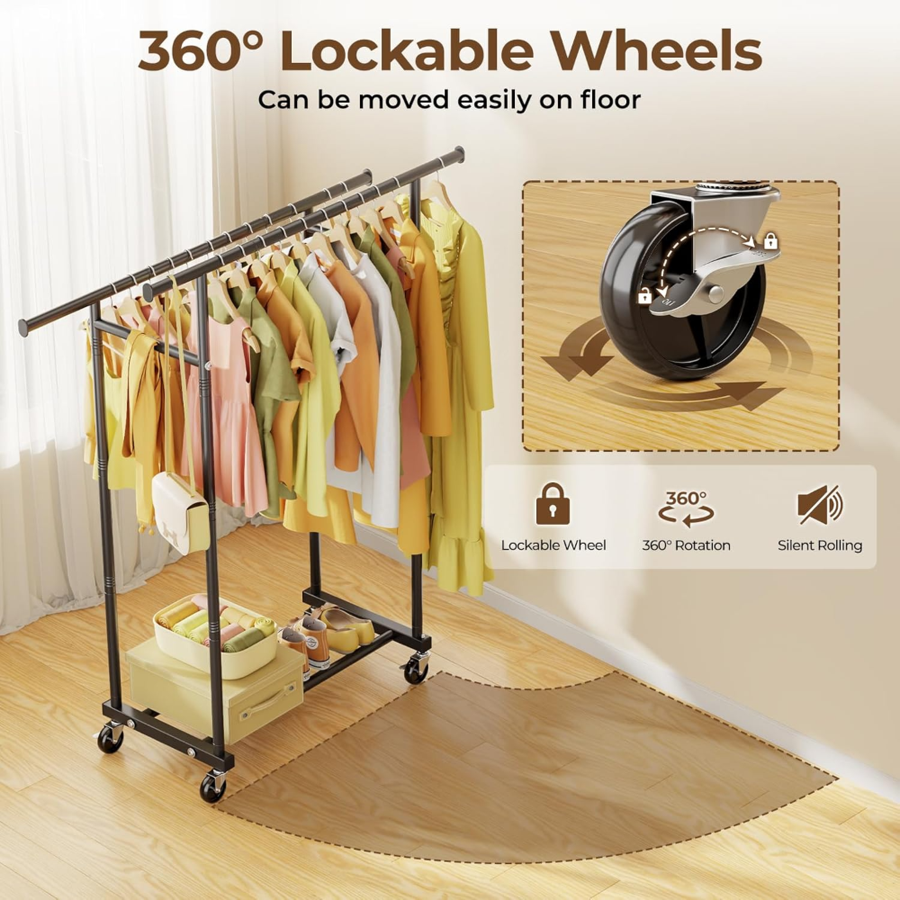 Perchero de doble barra para colgar ropa portátil, perchero de metal resistente para dormitorio, lavandería, sala de estar, color negro - Imagen 5