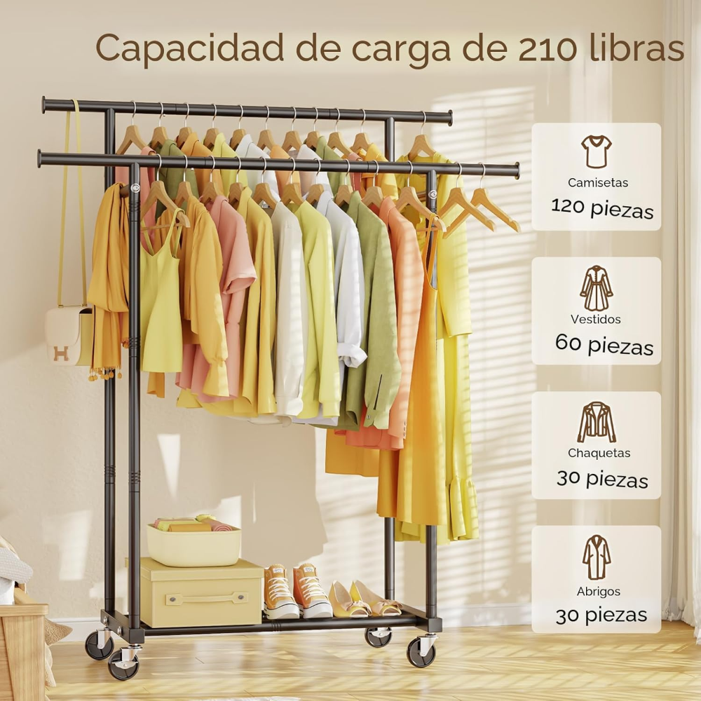 Perchero de doble barra para colgar ropa portátil, perchero de metal resistente para dormitorio, lavandería, sala de estar, color negro - Imagen 6