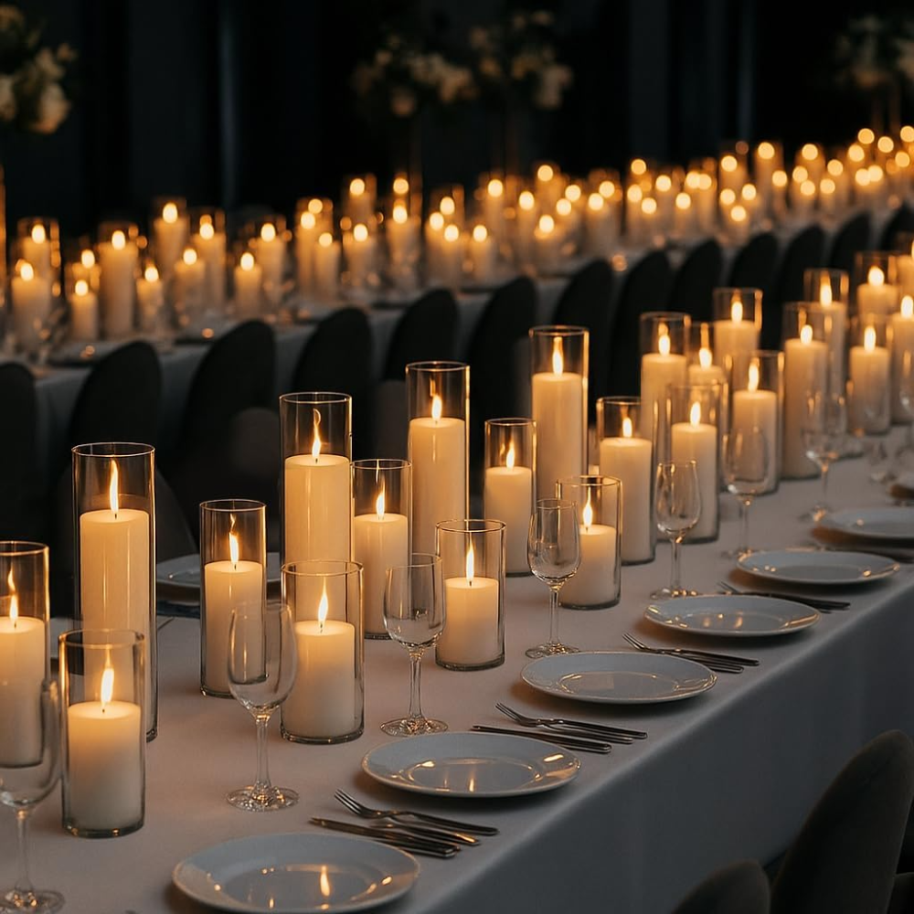 Juego de 12 velas de pilar blancas con soportes de vidrio transparente para huracanes, elegantes jarrones cilíndricos para bodas, fiestas, centros de mesa, decoración del hogar y la oficina (blanco - Imagen 2