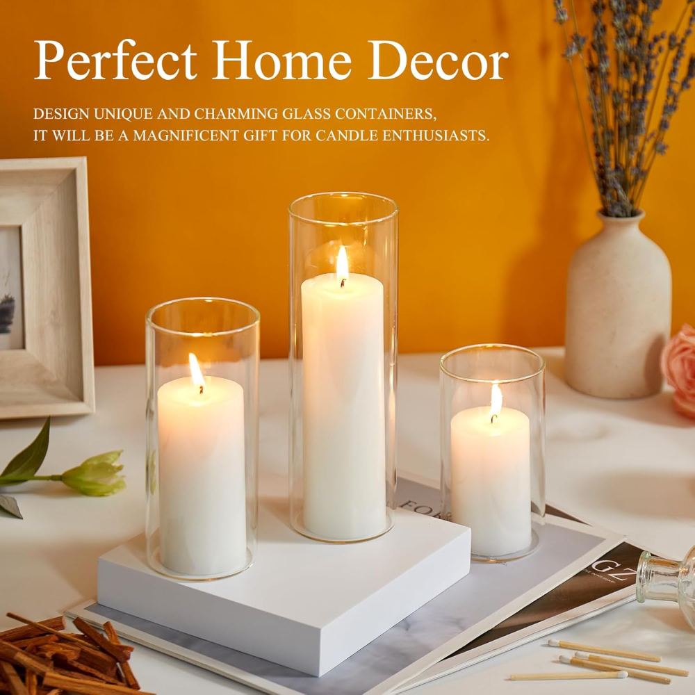 Juego de 12 velas de pilar blancas con soportes de vidrio transparente para huracanes, elegantes jarrones cilíndricos para bodas, fiestas, centros de mesa, decoración del hogar y la oficina (blanco - Imagen 5