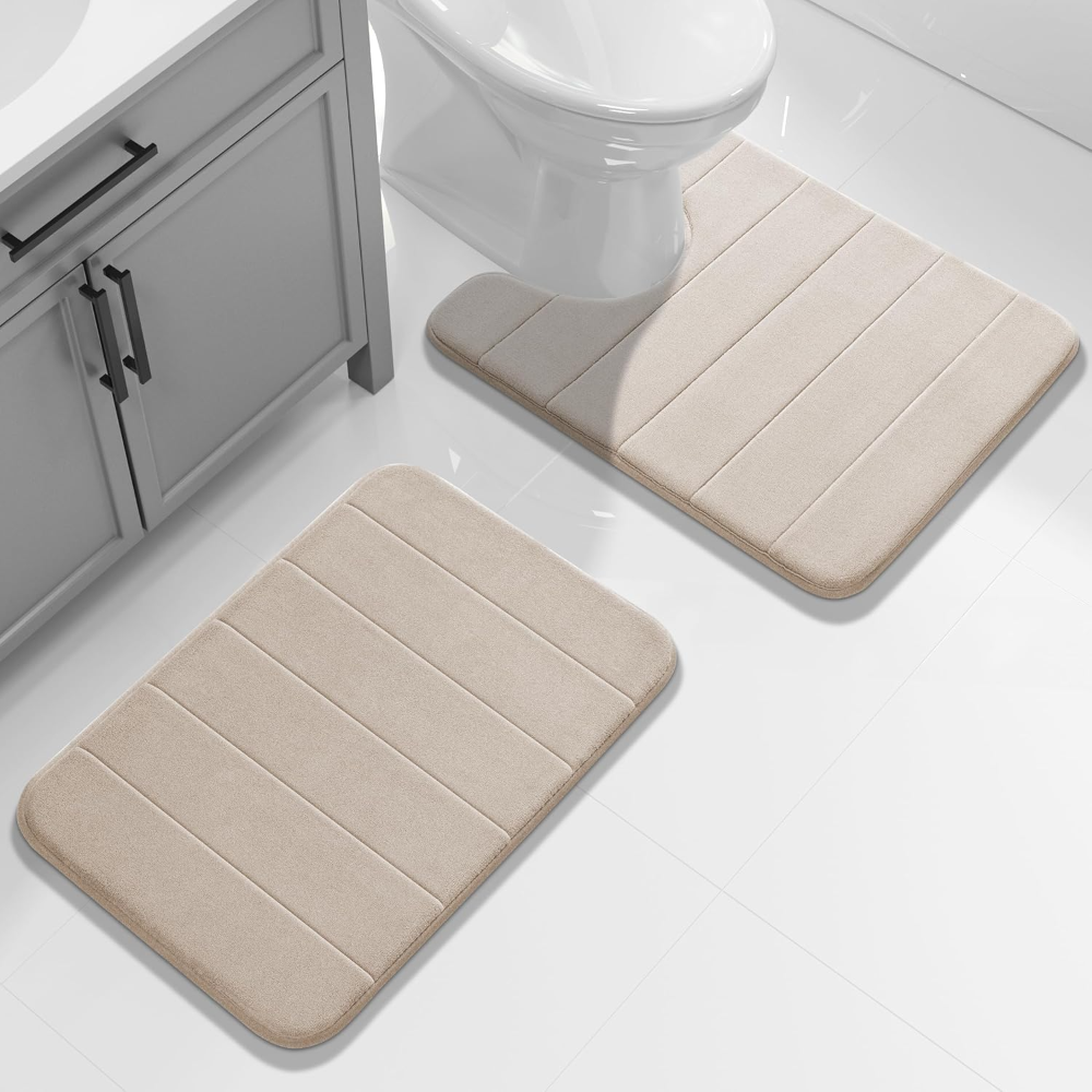 Juego de 2 alfombras de baño de espuma viscoelástica, en forma de U para inodoro, absorción de agua, antideslizantes, gruesas, secado rápido para baño, 17 x 24 y 24 x 20.4 pulgadas, beige