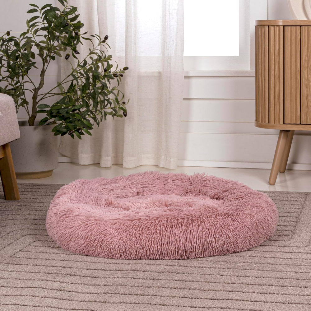 Cama redonda para mascotas de 34 x 34 pulgadas de piel sintética bohemia glamorosa con forma de dona calmante - Imagen 3