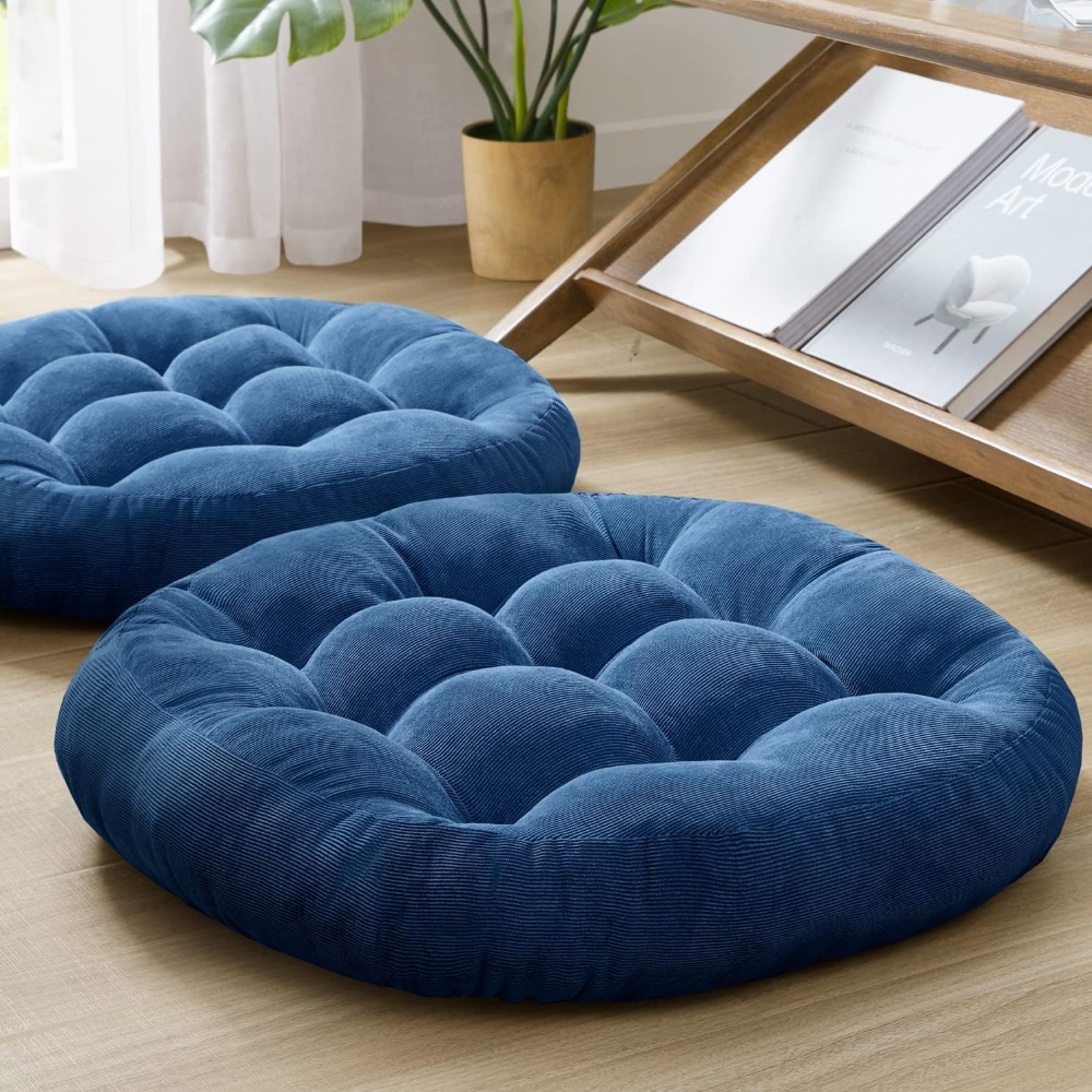 Juego de 2 cojines redondos y grandes de pana y capitoné para el suelo y sala tatami, para adultos, azul marino, 22 pulgadas