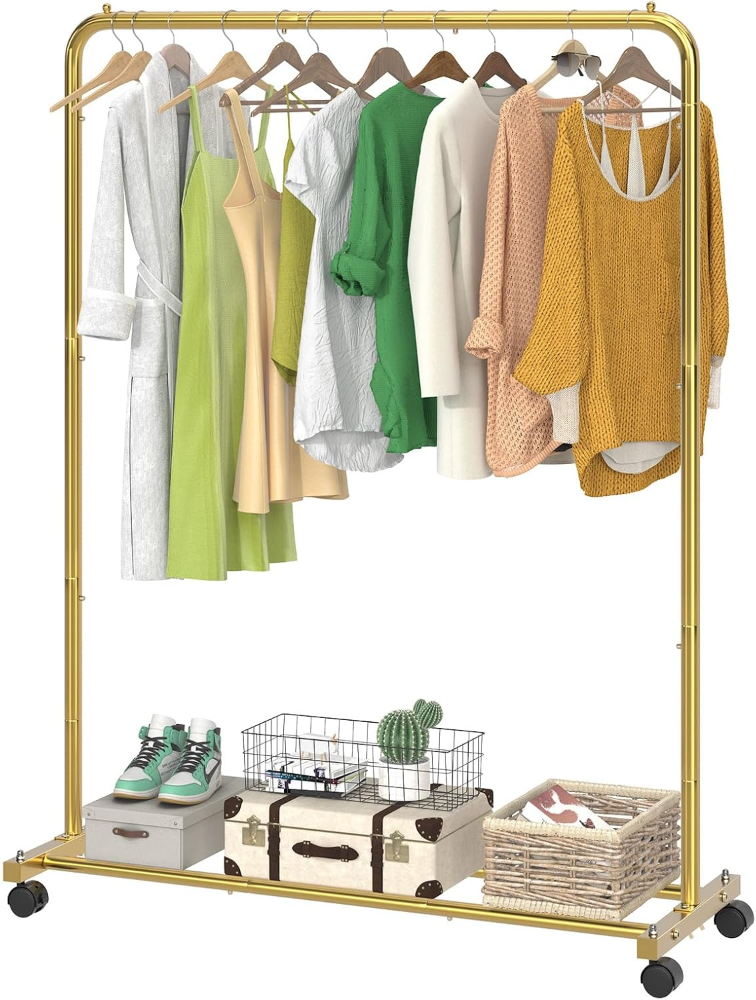 Simple Trending Perchero de ropa estándar con estantes de almacenamiento, organizador de ropa rodante sobre ruedas para colgar ropa, dorado