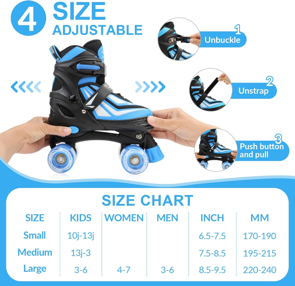 Patines de ruedas para niños y niñas, patines ajustables de 4 tamaños con ruedas iluminadas para niños de 4 a 12 años - Imagen 2