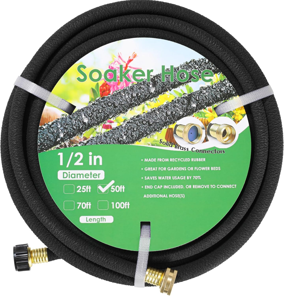 Manguera de remojo de 50 pies 1/2 pulgadas, conectores de latón macizo de goma más duradera, manguera de goteo resistente para ahorrar un 70% de agua