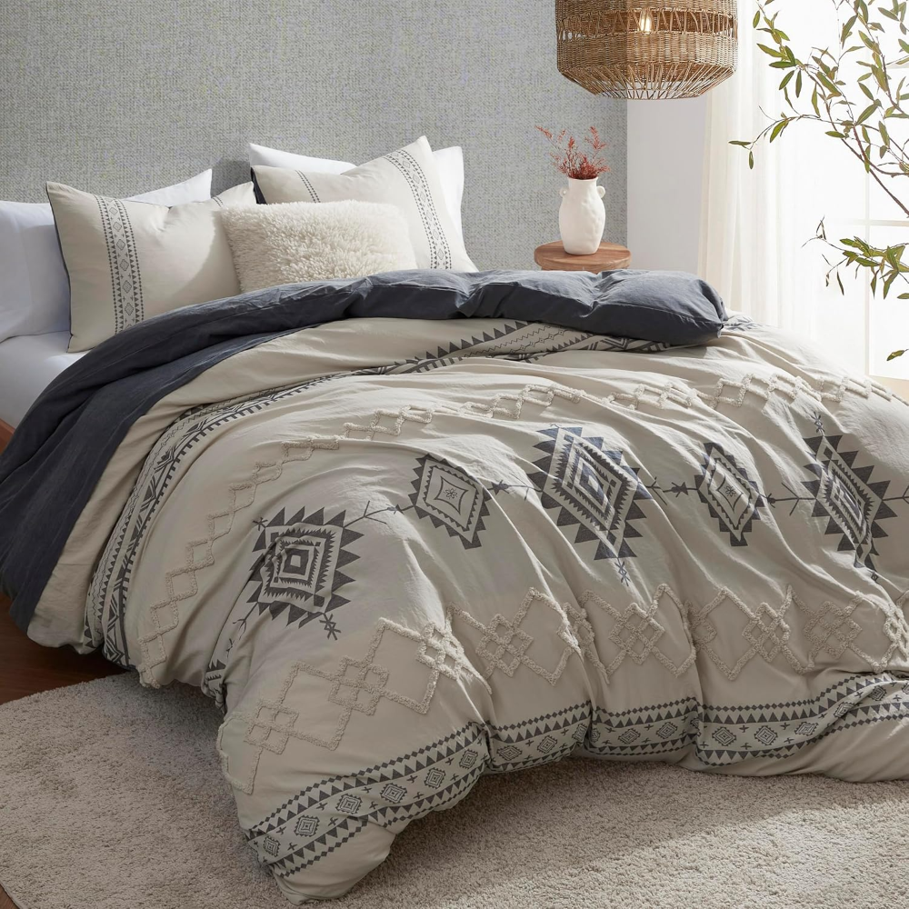 Juego de funda nórdica Queen con 1 funda nórdica y 2 fundas de almohada, en microfibra suave y resistente, diseño boho beige y gris, con cierre y lazos.