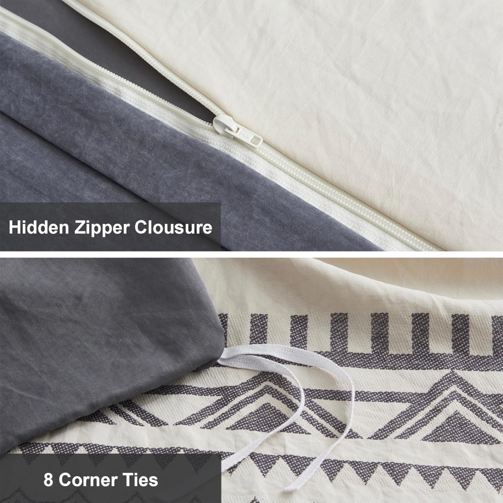 Juego de funda nórdica Queen con 1 funda nórdica y 2 fundas de almohada, en microfibra suave y resistente, diseño boho beige y gris, con cierre y lazos. - Imagen 2