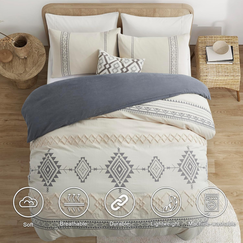 Juego de funda nórdica Queen con 1 funda nórdica y 2 fundas de almohada, en microfibra suave y resistente, diseño boho beige y gris, con cierre y lazos. - Imagen 3