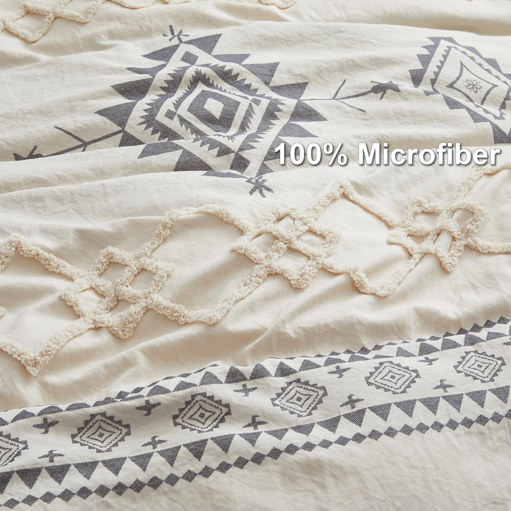 Juego de funda nórdica Queen con 1 funda nórdica y 2 fundas de almohada, en microfibra suave y resistente, diseño boho beige y gris, con cierre y lazos. - Imagen 4