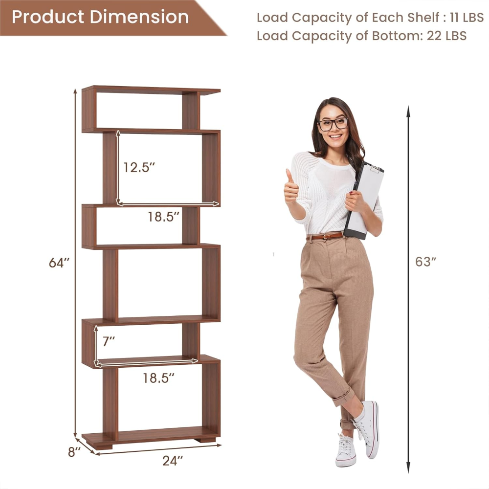 Estantería SILKYDRY de 6 niveles en forma de S, acabado nogal. Diseño moderno y geométrico, ideal como separador y exhibidor para hogar u oficina. - Imagen 2