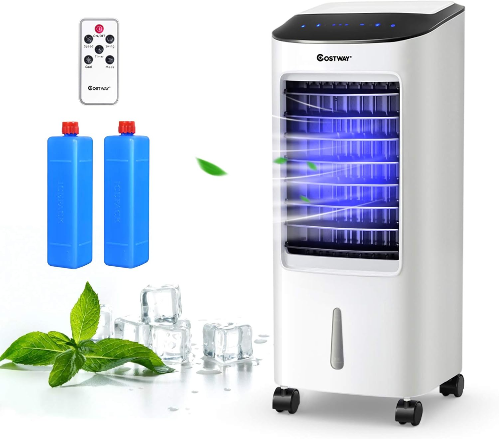 Enfriador evaporativo, ventilador de refrigeración portátil con control remoto, 3 modos, temporizador de 3 velocidades y 7.5 horas, cajas de cristal de hielo, ruedas y tanque de agua, oficina en casa