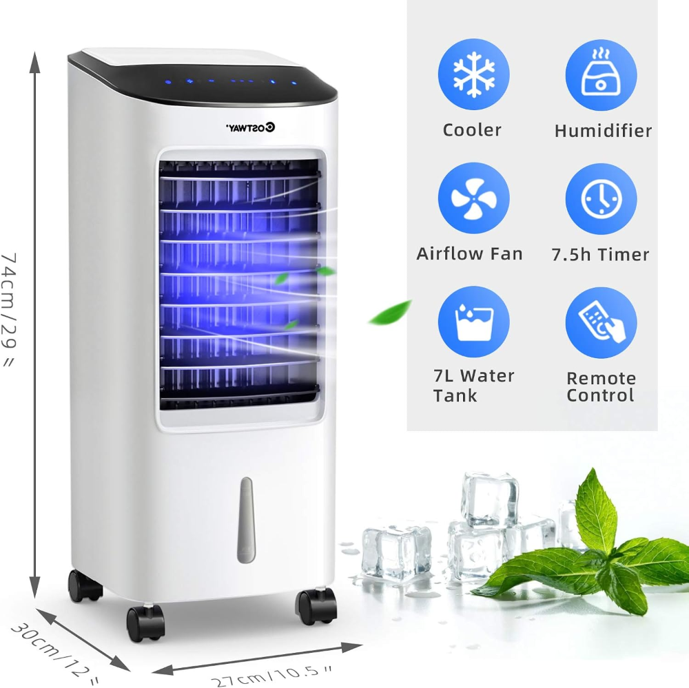 Enfriador evaporativo, ventilador de refrigeración portátil con control remoto, 3 modos, temporizador de 3 velocidades y 7.5 horas, cajas de cristal de hielo, ruedas y tanque de agua, oficina en casa - Imagen 2