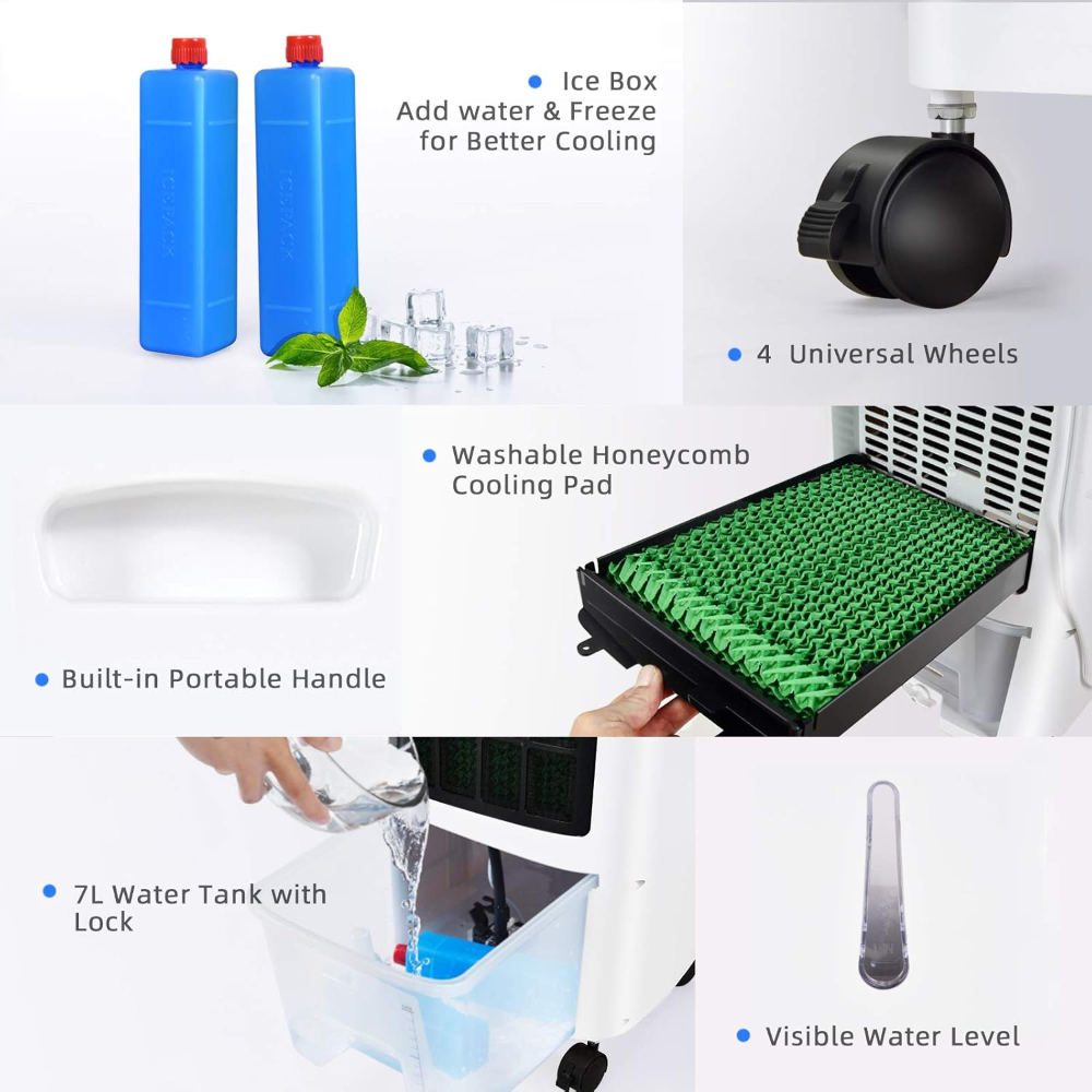 Enfriador evaporativo, ventilador de refrigeración portátil con control remoto, 3 modos, temporizador de 3 velocidades y 7.5 horas, cajas de cristal de hielo, ruedas y tanque de agua, oficina en casa - Imagen 5