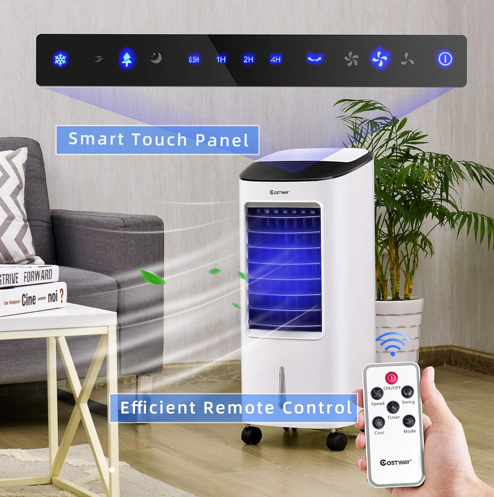 Enfriador evaporativo, ventilador de refrigeración portátil con control remoto, 3 modos, temporizador de 3 velocidades y 7.5 horas, cajas de cristal de hielo, ruedas y tanque de agua, oficina en casa - Imagen 6
