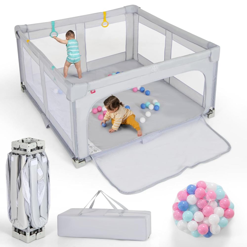 Corralito plegable Costzon 59×59?, portátil, con malla visible, 50 pelotas, asas de apoyo y bolso de transporte. Ideal para interior y exterior.