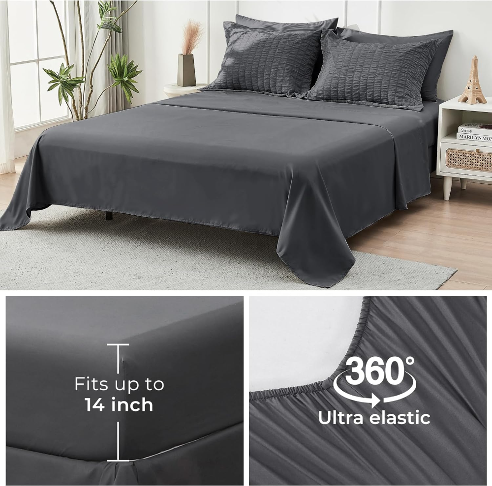 Juego de edredón tamaño matrimonial, de sirsaca, de 7 piezas, para todas las estaciones, para dormitorio, sábanas, fundas de almohada y fundas de cojín, color gris oscuro. - Imagen 2