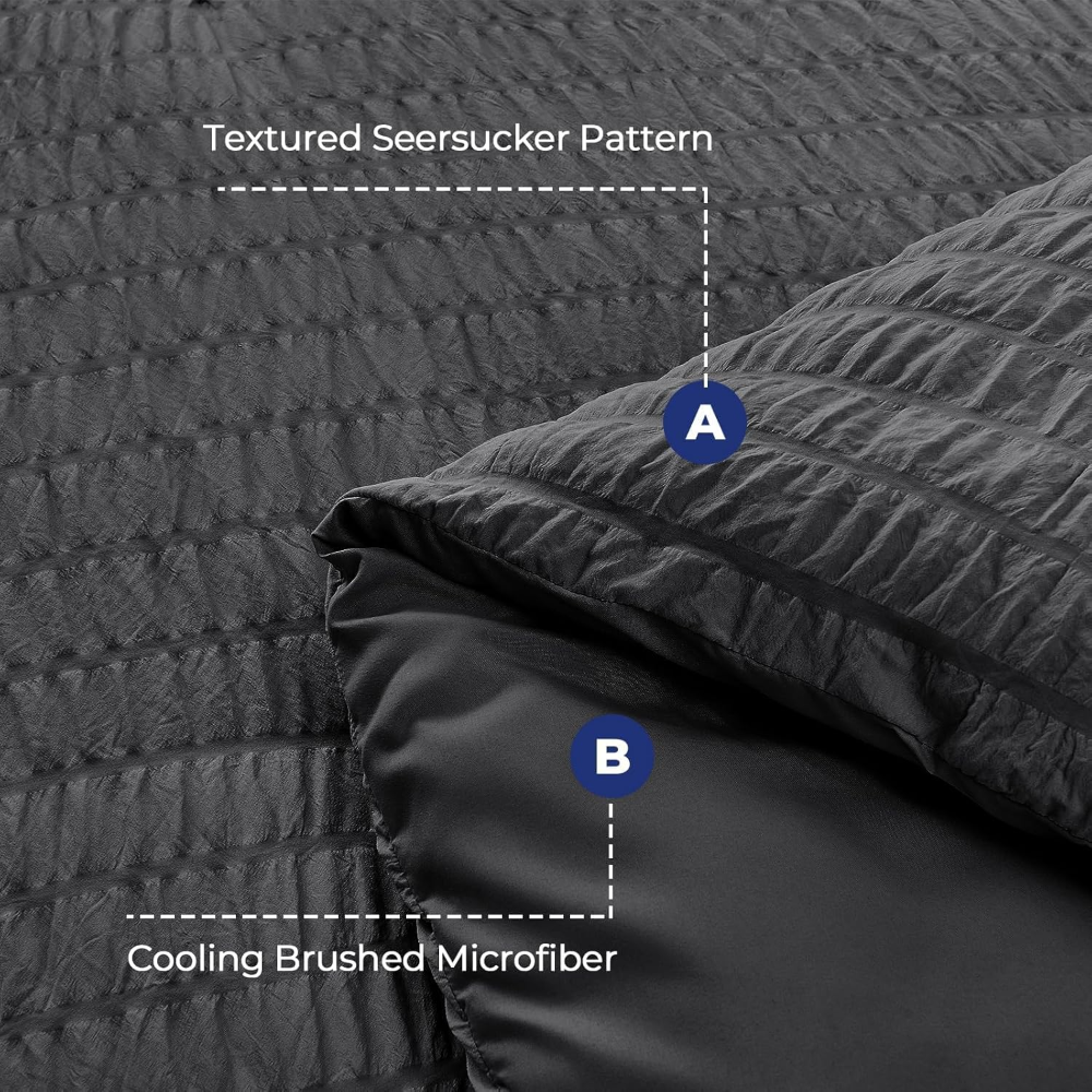 Juego de edredón tamaño matrimonial, de sirsaca, de 7 piezas, para todas las estaciones, para dormitorio, sábanas, fundas de almohada y fundas de cojín, color gris oscuro. - Imagen 3