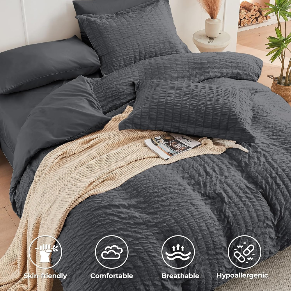 Juego de edredón tamaño matrimonial, de sirsaca, de 7 piezas, para todas las estaciones, para dormitorio, sábanas, fundas de almohada y fundas de cojín, color gris oscuro. - Imagen 4