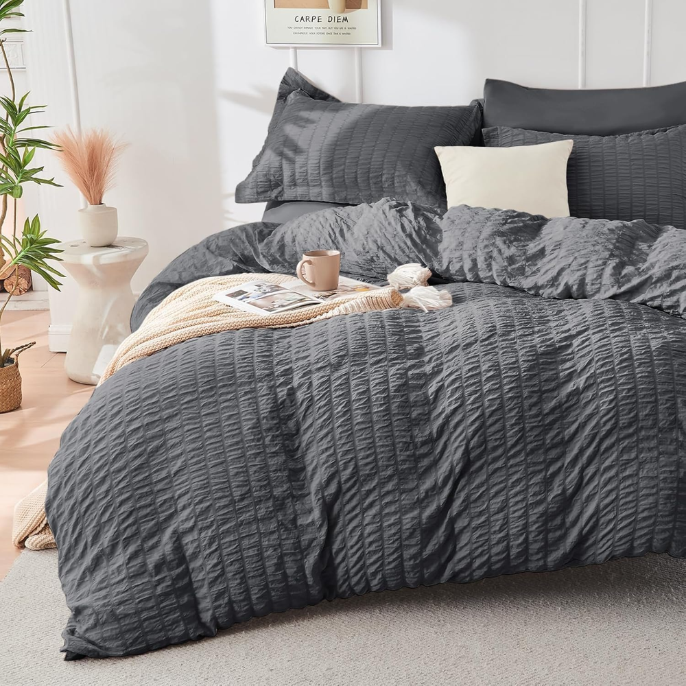 Juego de edredón tamaño matrimonial, de sirsaca, de 7 piezas, para todas las estaciones, para dormitorio, sábanas, fundas de almohada y fundas de cojín, color gris oscuro. - Imagen 5