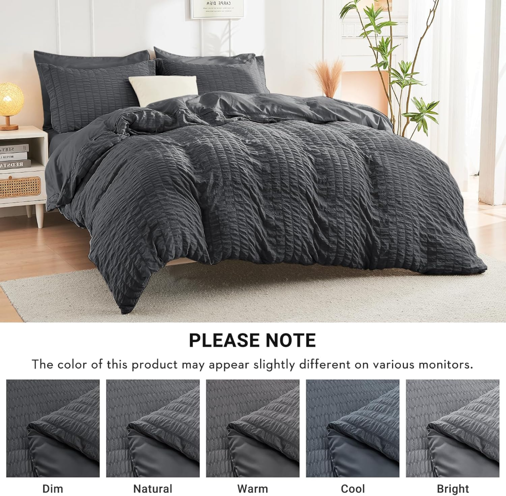 Juego de edredón tamaño matrimonial, de sirsaca, de 7 piezas, para todas las estaciones, para dormitorio, sábanas, fundas de almohada y fundas de cojín, color gris oscuro. - Imagen 6