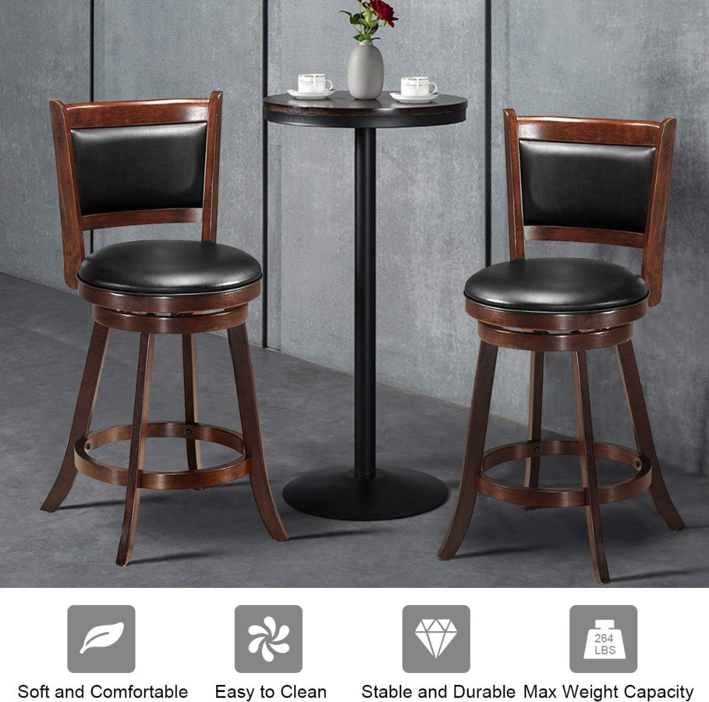 Juego de 2 taburetes de bar, giratorios de 360 grados, de madera con acento de altura, diseño tapizado de cuero, asiento acolchado de PVC, perfecto para comedor y sala de estar - Imagen 2