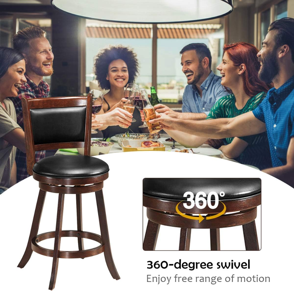 Juego de 2 taburetes de bar, giratorios de 360 grados, de madera con acento de altura, diseño tapizado de cuero, asiento acolchado de PVC, perfecto para comedor y sala de estar - Imagen 4