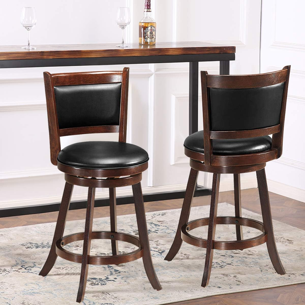 Juego de 2 taburetes de bar, giratorios de 360 grados, de madera con acento de altura, diseño tapizado de cuero, asiento acolchado de PVC, perfecto para comedor y sala de estar - Imagen 5