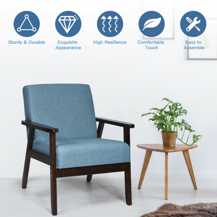 Silla decorativa moderna de mediados de siglo, sillón de tela retro, hecho de madera maciza, sillón tapizado de lino para sala de estar (1, azul) - Imagen 3