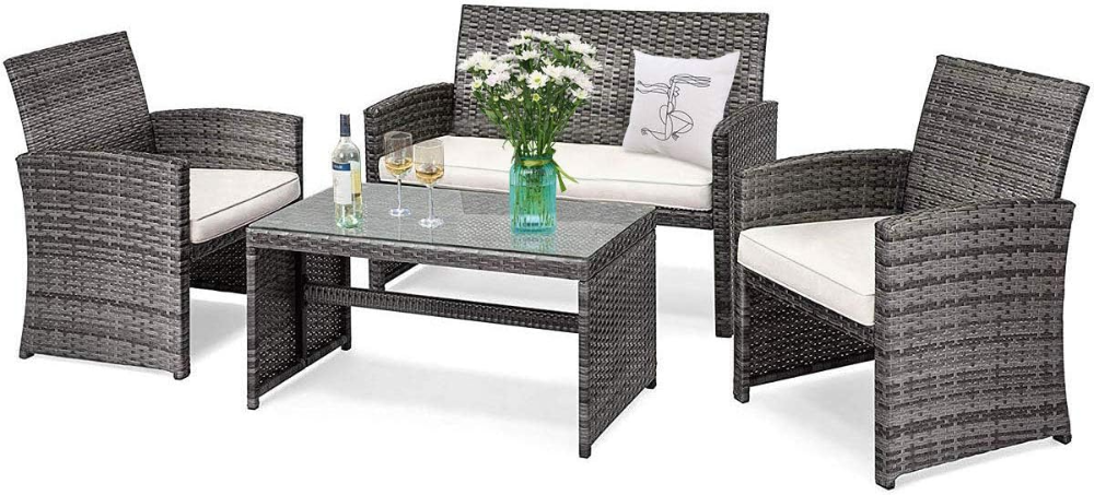 Juego de muebles de patio de 4 piezas, juego de conversación de mimbre para exteriores con cojines suaves y mesa de centro de vidrio templado, sofá de ratán para patio, balcón, beige