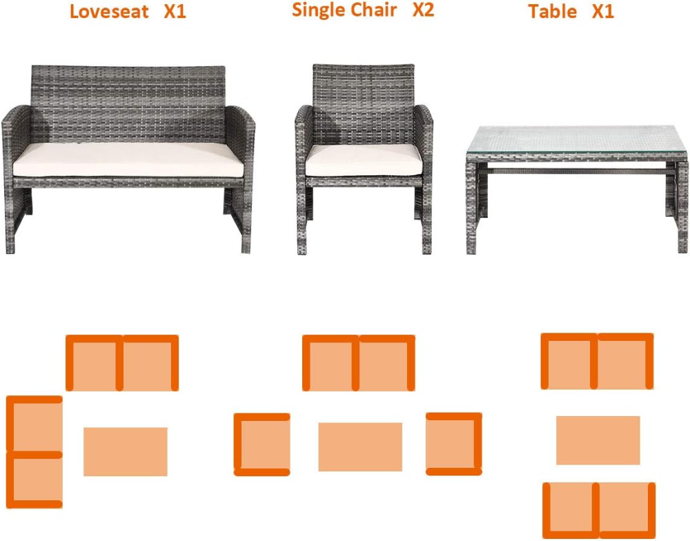 Juego de muebles de patio de 4 piezas, juego de conversación de mimbre para exteriores con cojines suaves y mesa de centro de vidrio templado, sofá de ratán para patio, balcón, beige - Imagen 2