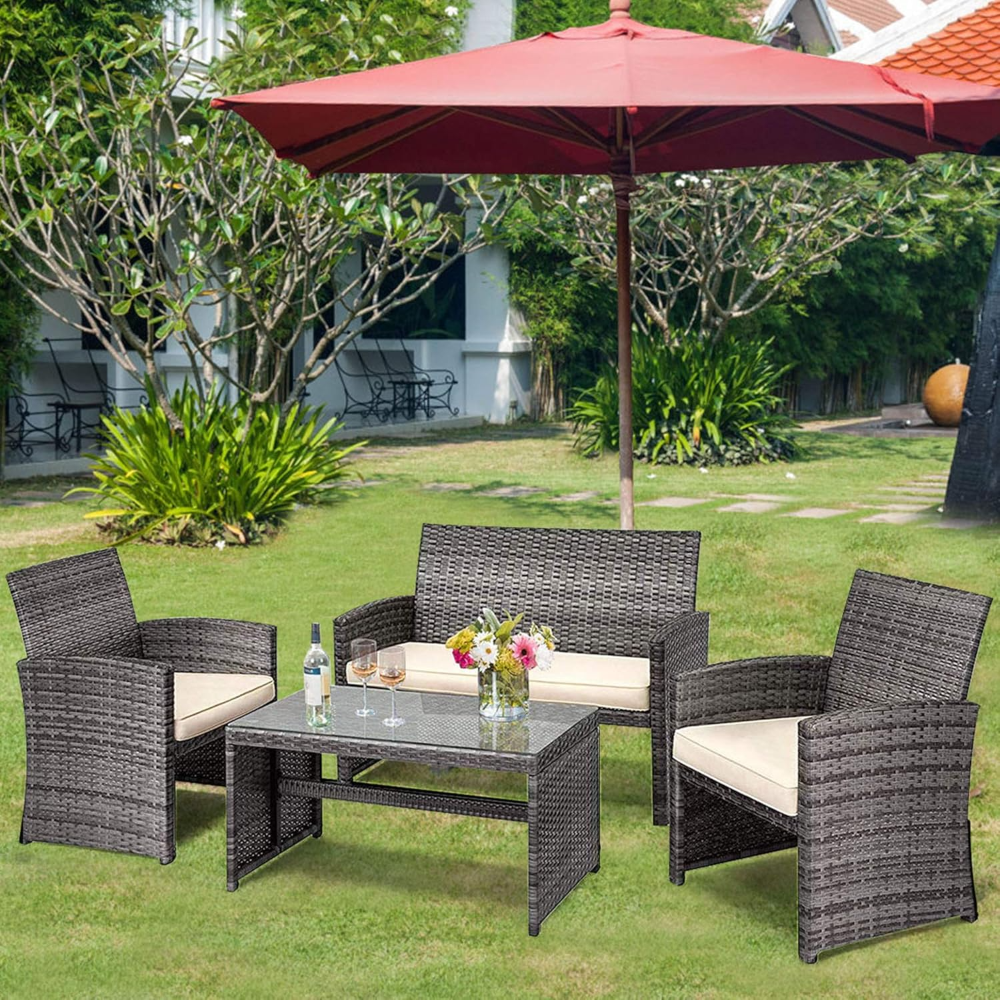 Juego de muebles de patio de 4 piezas, juego de conversación de mimbre para exteriores con cojines suaves y mesa de centro de vidrio templado, sofá de ratán para patio, balcón, beige - Imagen 4