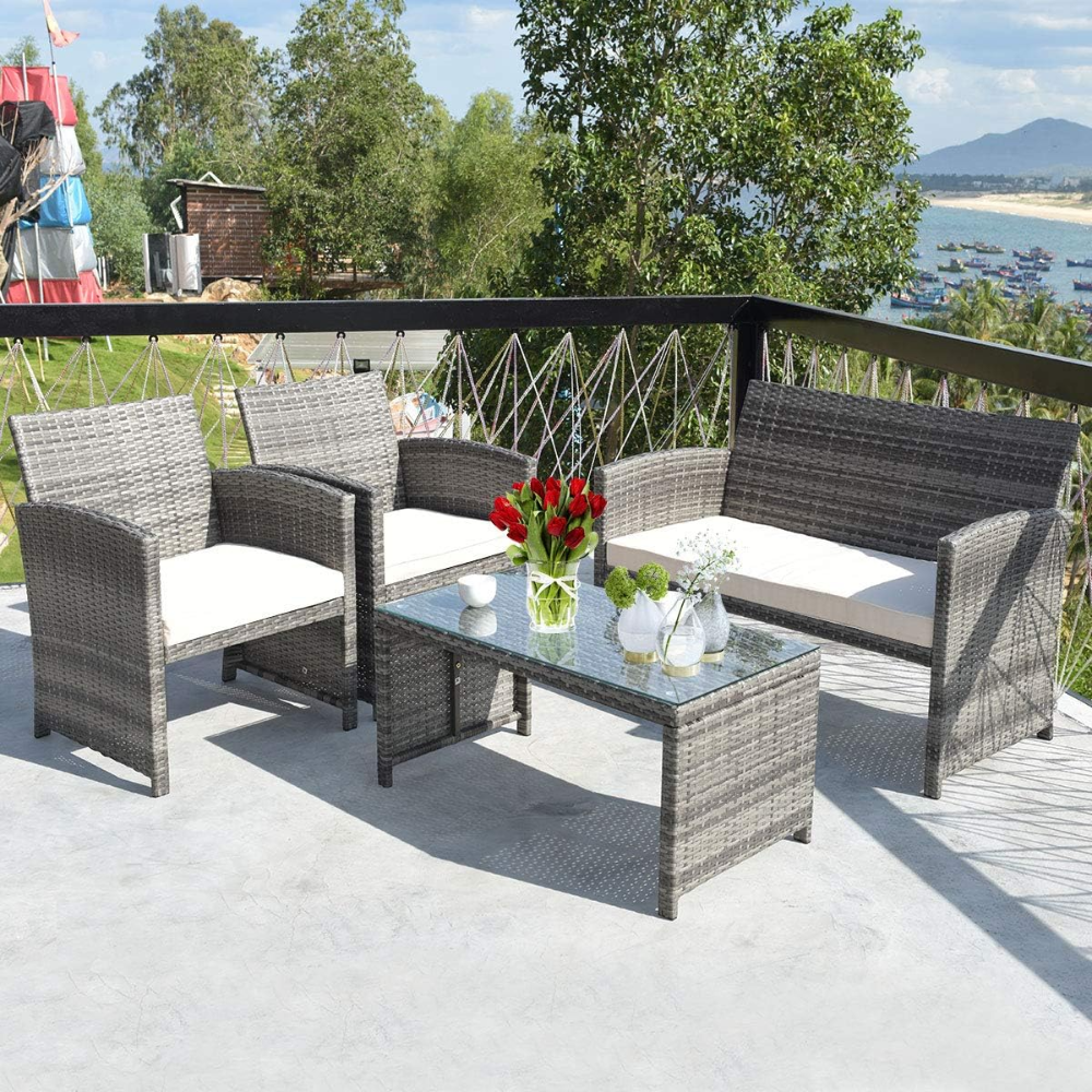 Juego de muebles de patio de 4 piezas, juego de conversación de mimbre para exteriores con cojines suaves y mesa de centro de vidrio templado, sofá de ratán para patio, balcón, beige - Imagen 5
