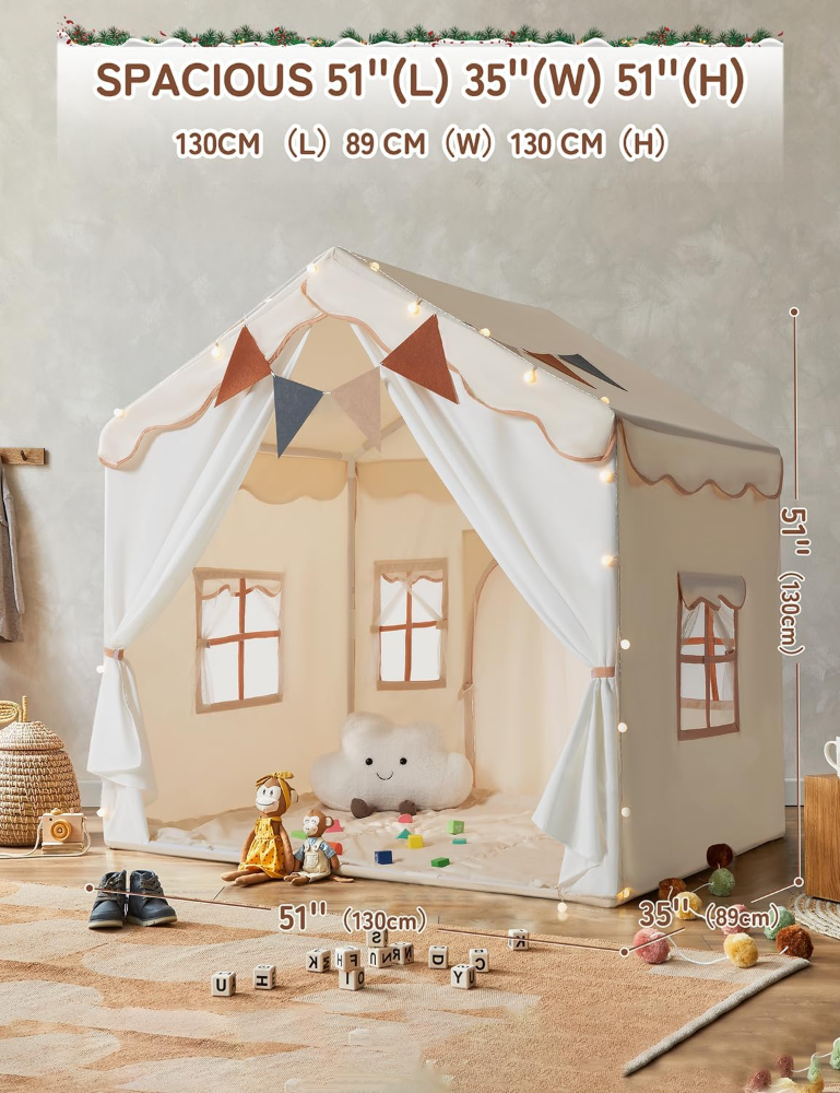 Tienda de campaña para niños 2 en 1 con alfombrilla acolchada y luces, casa de juegos grande para niños con 2 puertas y 4 ventanas, interior y exterior, tienda de campaña de regalo para niños - Imagen 2