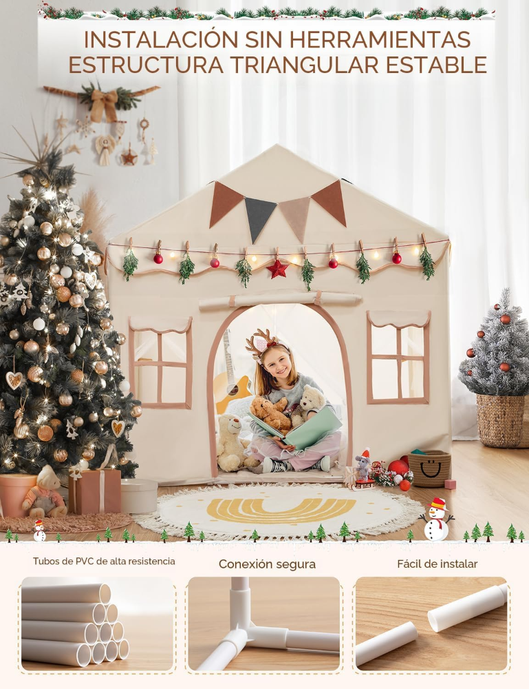 Tienda de campaña para niños 2 en 1 con alfombrilla acolchada y luces, casa de juegos grande para niños con 2 puertas y 4 ventanas, interior y exterior, tienda de campaña de regalo para niños - Imagen 3