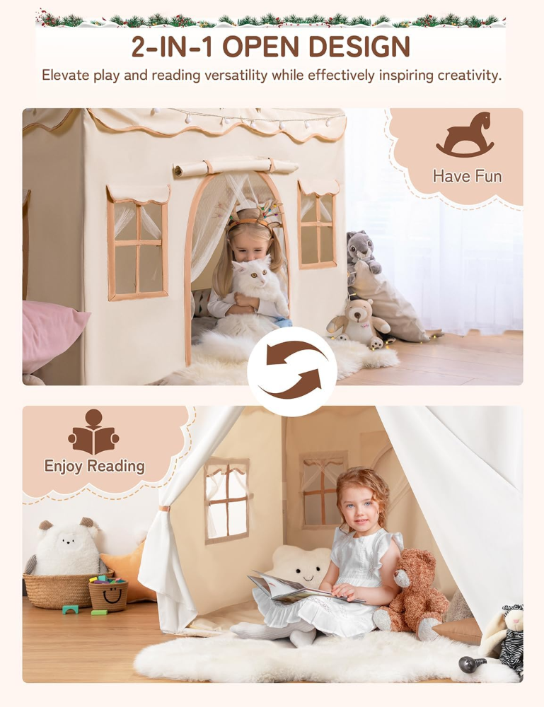 Tienda de campaña para niños 2 en 1 con alfombrilla acolchada y luces, casa de juegos grande para niños con 2 puertas y 4 ventanas, interior y exterior, tienda de campaña de regalo para niños - Imagen 4