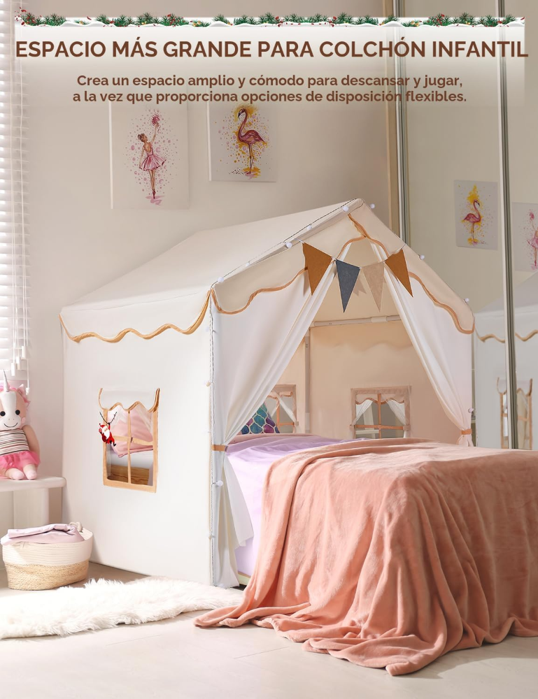 Tienda de campaña para niños 2 en 1 con alfombrilla acolchada y luces, casa de juegos grande para niños con 2 puertas y 4 ventanas, interior y exterior, tienda de campaña de regalo para niños - Imagen 5