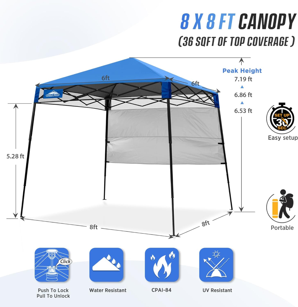 EAGLE PEAK Carpa desplegable de 8 x 8 con pared lateral, compacta, portátil, pierna inclinada, refugio solar instantáneo para playa - Imagen 5